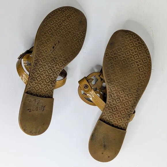 Tory Burch Miller Sandals Womens 7.5 Tan Patent Leather Flat Double T Logo Thong