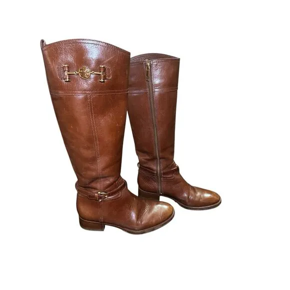 Tory Burch Nadine Tall Leather Gold Hardware Riding Boots Size 8.5 New Sole