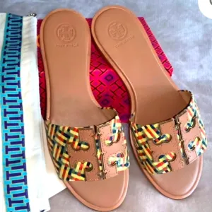 Tory Burch Rafia And Leather Ines Multicolor Slide Sandals 8