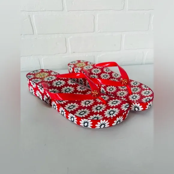 Tory Burch Red/Navy Sea/White Primrose Wedge Flip Flop Sandals Designer Size 10