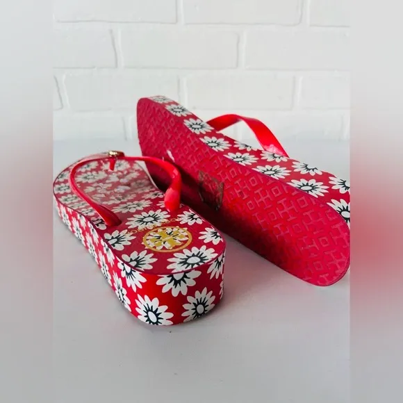 Tory Burch Red/Navy Sea/White Primrose Wedge Flip Flop Sandals Designer Size 10