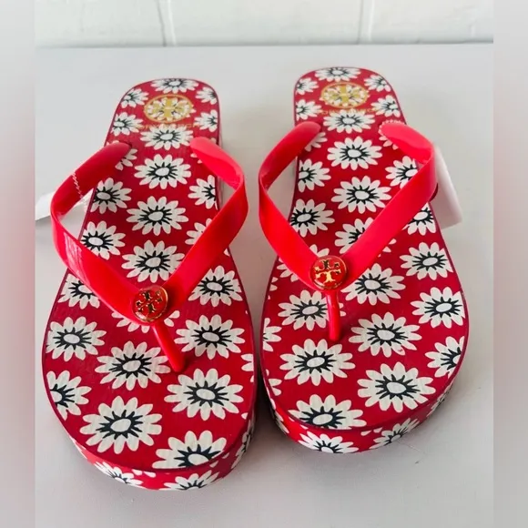 Tory Burch Red/Navy Sea/White Primrose Wedge Flip Flop Sandals Designer Size 10