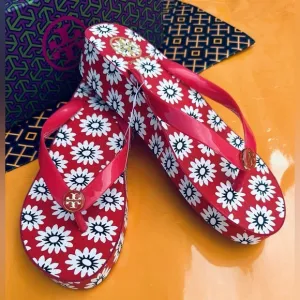Tory Burch Red/Navy Sea/White Primrose Wedge Flip Flop Sandals Designer Size 10