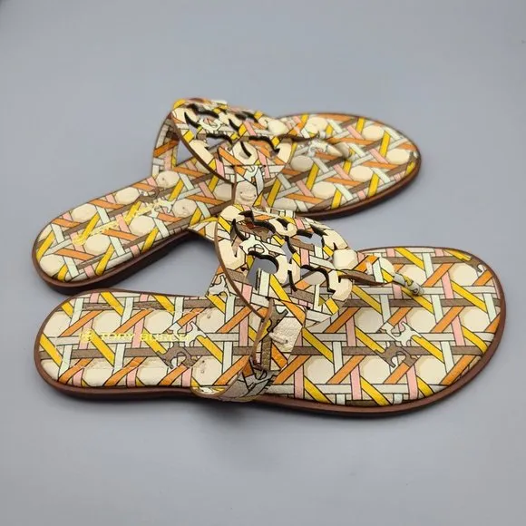 Tory Burch Sandals Slide Thong Miller Pink Caning Logo Printed Leather Sz 7 New