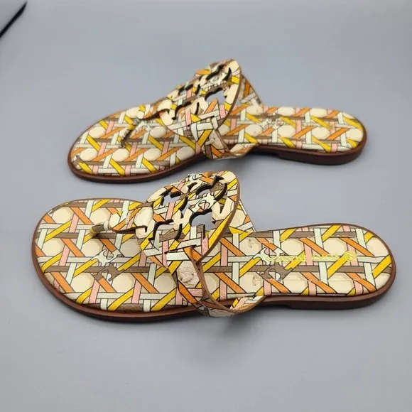 Tory Burch Sandals Slide Thong Miller Pink Caning Logo Printed Leather Sz 7 New