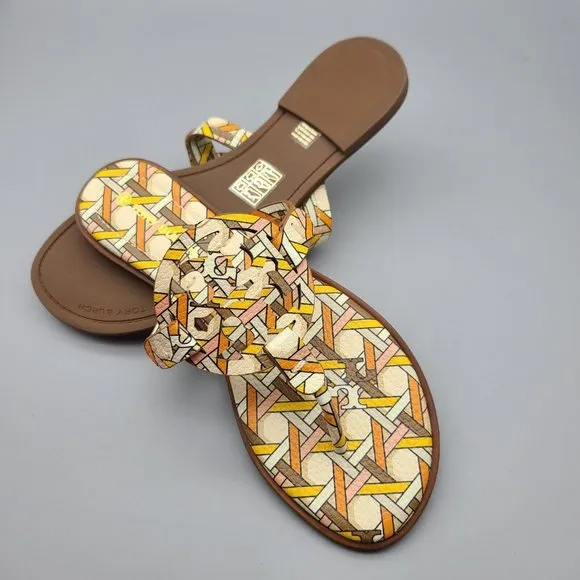 Tory Burch Sandals Slide Thong Miller Pink Caning Logo Printed Leather Sz 7 New