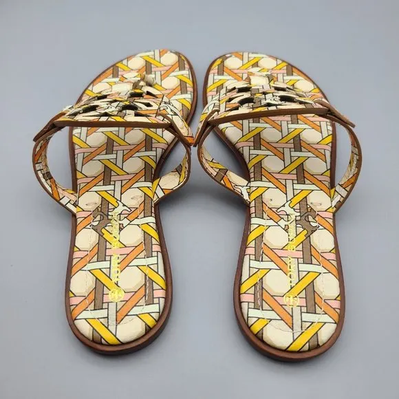 Tory Burch Sandals Slide Thong Miller Pink Caning Logo Printed Leather Sz 7 New