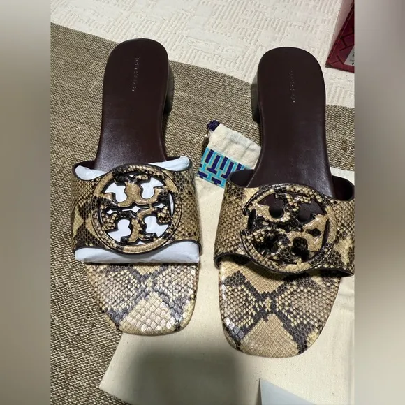 Tory Burch Snake Print Slide Sandals - Brown