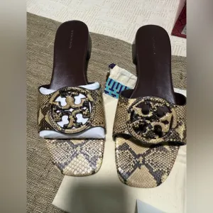 Tory Burch Snake Print Slide Sandals - Brown