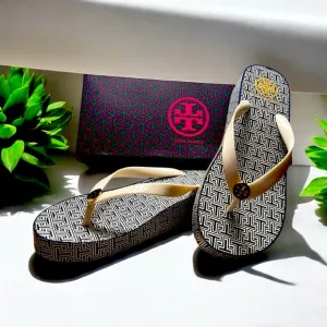 Tory Burch Spring T Small New Ivory 415 Wedge and Signature Navy Flip Flops 9