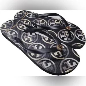 TORY BURCH | Thin Flip Flop Flat Sandals Black Logo Size 5