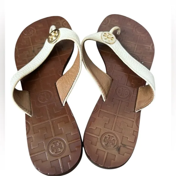 Tory Burch Thora Ivory White Flip Flop Leather Sandals Womens Size 6