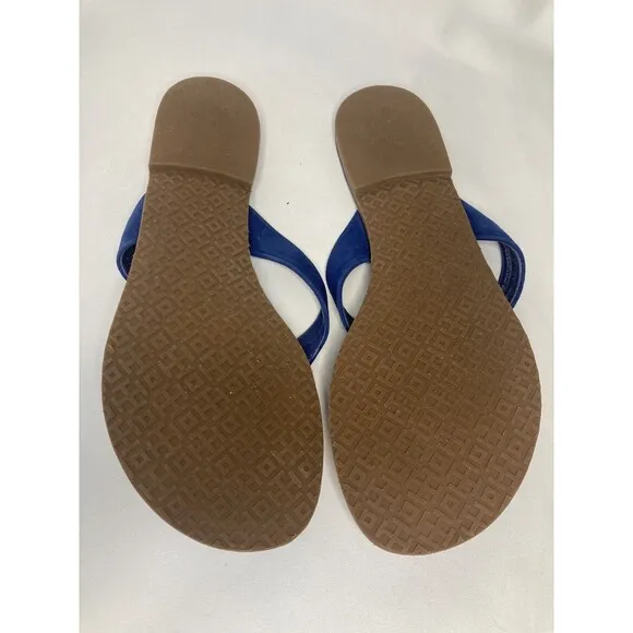 Tory Burch Thora Logo Flip Flops Sandals Shoes Womens Size 8 Blue Gold Leather