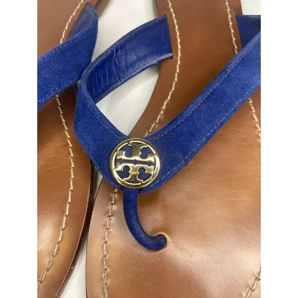 Tory Burch Thora Logo Flip Flops Sandals Shoes Womens Size 8 Blue Gold Leather