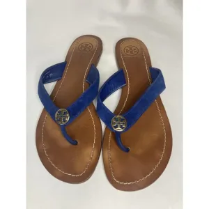 Tory Burch Thora Logo Flip Flops Sandals Shoes Womens Size 8 Blue Gold Leather