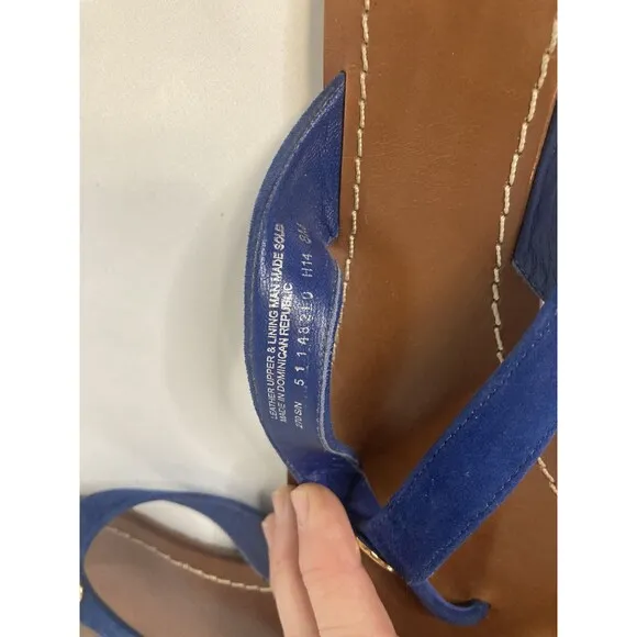 Tory Burch Thora Logo Flip Flops Sandals Shoes Womens Size 8 Blue Gold Leather