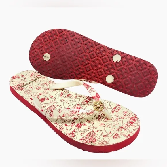 Tory Burch Womens Designer Flip Flops Sandals Abstract Shoes Size 5.5