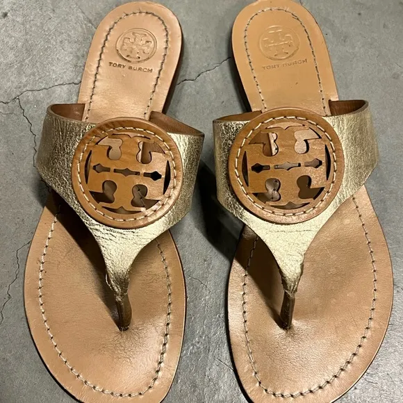 Tory Burch Women's Gold Tan Thong Sandals Sz 7.5