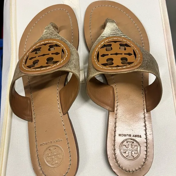 Tory Burch Women's Gold Tan Thong Sandals Sz 7.5