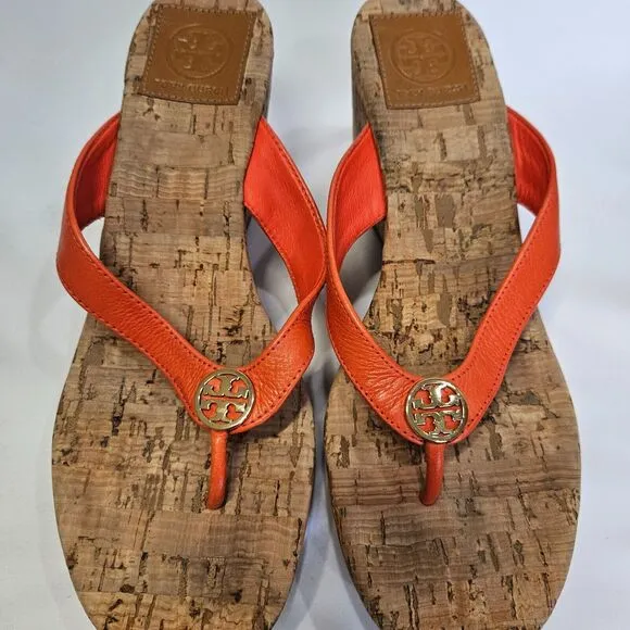 Tory Burch Womens Suzy Cork Wedge Heel Sandals 8 Orange Brown Resort Flip Flops