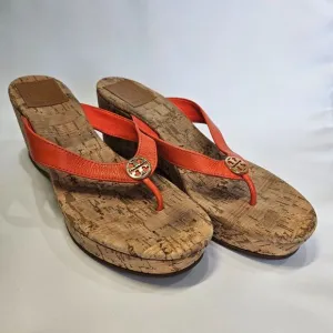 Tory Burch Womens Suzy Cork Wedge Heel Sandals 8 Orange Brown Resort Flip Flops