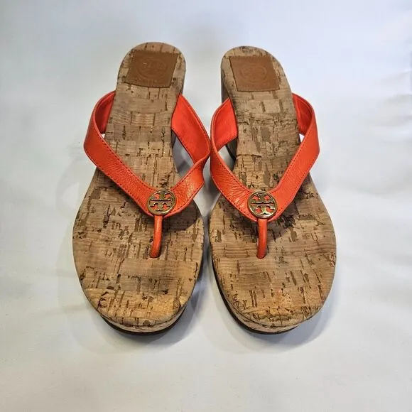 Tory Burch Womens Suzy Cork Wedge Heel Sandals 8 Orange Brown Resort Flip Flops