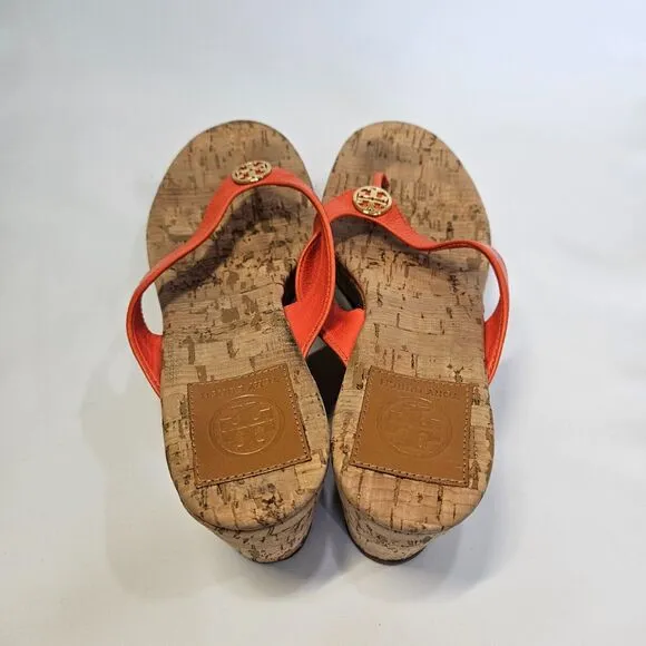 Tory Burch Womens Suzy Cork Wedge Heel Sandals 8 Orange Brown Resort Flip Flops
