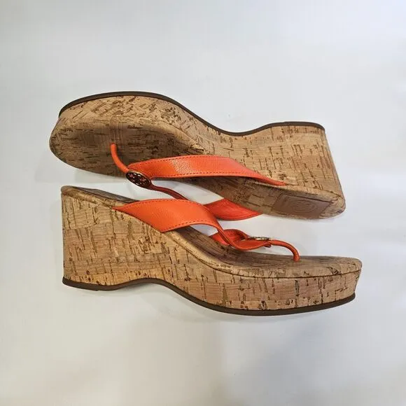 Tory Burch Womens Suzy Cork Wedge Heel Sandals 8 Orange Brown Resort Flip Flops