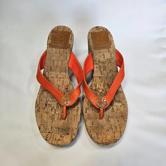 Tory Burch Womens Suzy Cork Wedge Heel Sandals 8 Orange Brown Resort Flip Flops