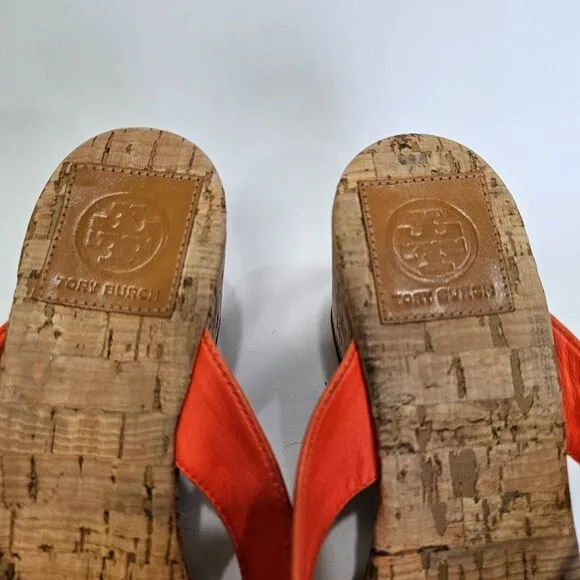 Tory Burch Womens Suzy Cork Wedge Heel Sandals 8 Orange Brown Resort Flip Flops