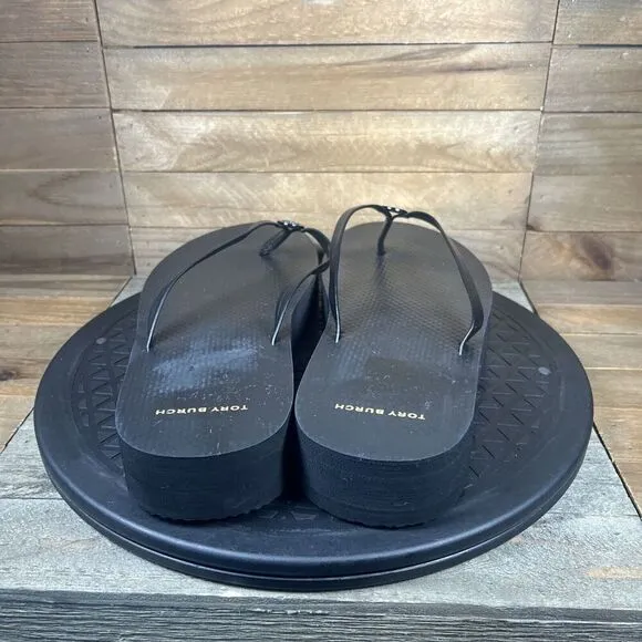 Tory Burch Womens Sz 10 Platform Flip Flop Perfect Black Leather Strap Sandals