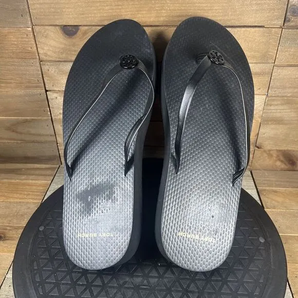 Tory Burch Womens Sz 10 Platform Flip Flop Perfect Black Leather Strap Sandals