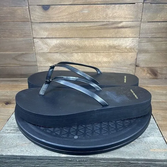 Tory Burch Womens Sz 10 Platform Flip Flop Perfect Black Leather Strap Sandals