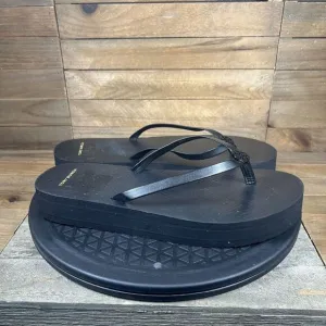 Tory Burch Womens Sz 10 Platform Flip Flop Perfect Black Leather Strap Sandals