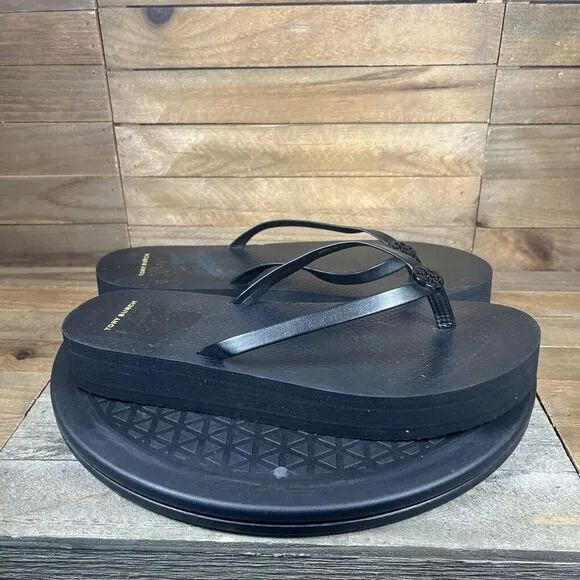 Tory Burch Womens Sz 10 Platform Flip Flop Perfect Black Leather Strap Sandals