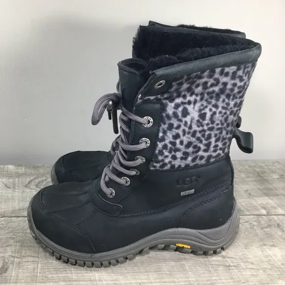 UGG 1102936 Adirondack II Waterproof Women Black Leopard Print Leather Boots 5.5