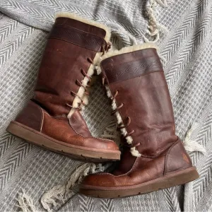 UGG Australia Women’s Tularosa Aztec Boots Tall Brown Leather Sz 10 Sherpa Lined