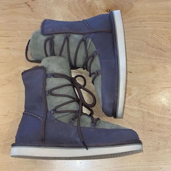 UGG AUSTRALIA LODGE CHOCOLATE/OLIVE GREEN SHEEPSKIN SUEDE BOOTS SIZE 5 US