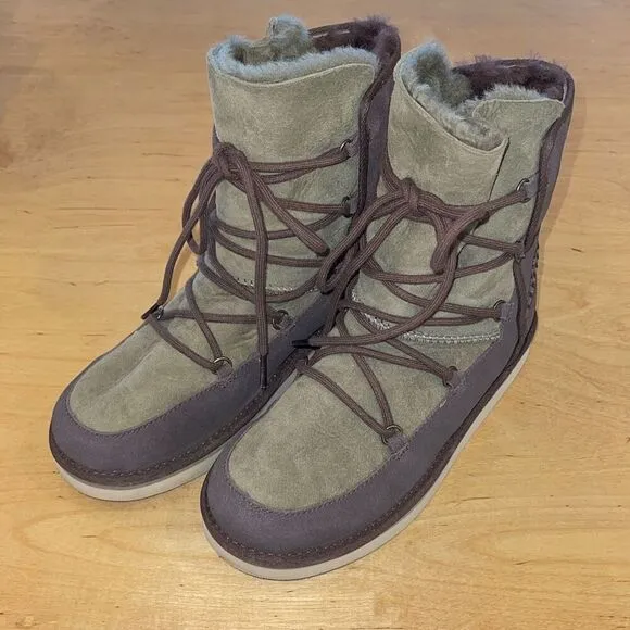 UGG AUSTRALIA LODGE CHOCOLATE/OLIVE GREEN SHEEPSKIN SUEDE BOOTS SIZE 5 US