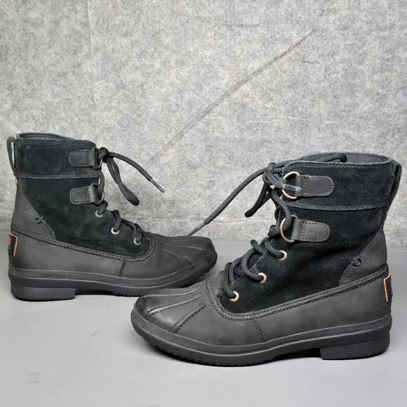 UGG Azaria Boots Women's 6 Black Leather Duck‎ Winter Sherpa Lined Waterproof