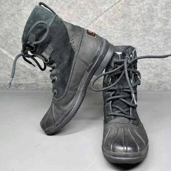 UGG Azaria Boots Women's 6 Black Leather Duck‎ Winter Sherpa Lined Waterproof