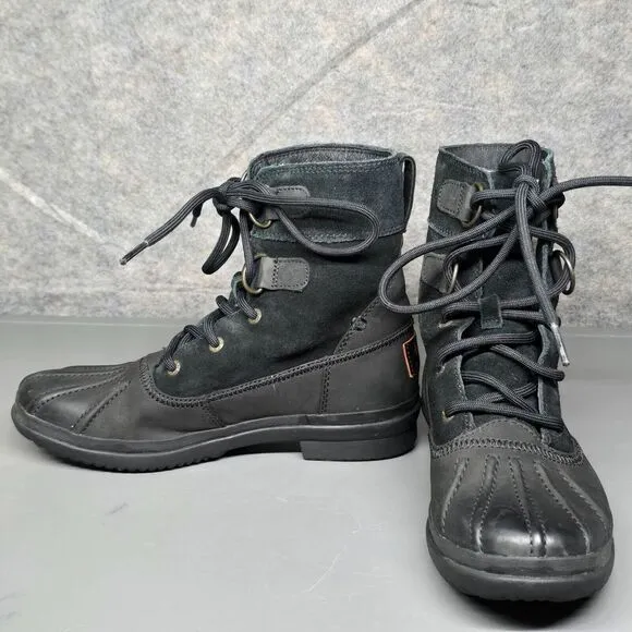UGG Azaria Boots Women's 6 Black Leather Duck‎ Winter Sherpa Lined Waterproof