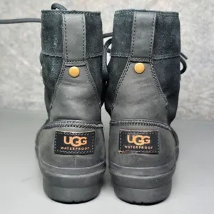 UGG Azaria Boots Women's 6 Black Leather Duck‎ Winter Sherpa Lined Waterproof