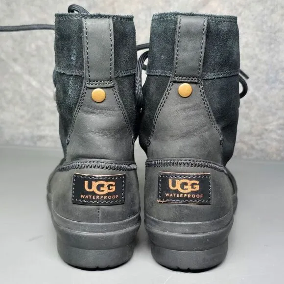 UGG Azaria Boots Women's 6 Black Leather Duck‎ Winter Sherpa Lined Waterproof