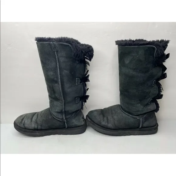 UGG BAILEY BOW TALL II WOMENS BOOTS BLACK SUEDE SHEEPSKIN Sz 7 S/N 1007308.