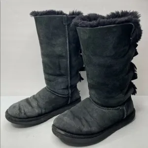 UGG BAILEY BOW TALL II WOMENS BOOTS BLACK SUEDE SHEEPSKIN Sz 7 S/N 1007308.
