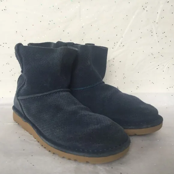 Ugg Blue Suede Perforated Mini Short Ankle Boots - Size 7 Unlined Rubber Sole