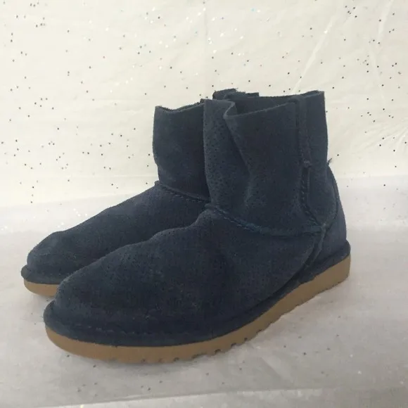 Ugg Blue Suede Perforated Mini Short Ankle Boots - Size 7 Unlined Rubber Sole