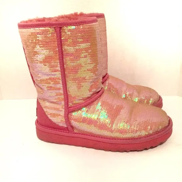 Ugg Boots Size 7 Pink Sequin Authentic Ugg Australia Short Sparkle