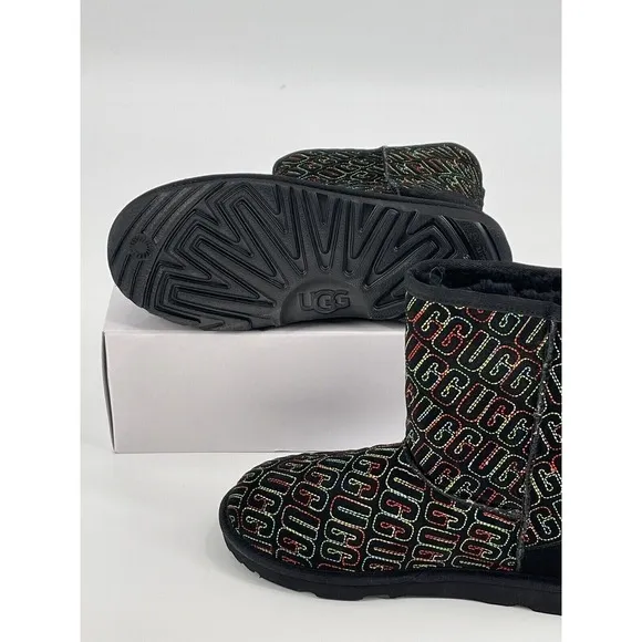 Ugg Boots Women Size 6 Black Rainbow Stitch Classic II Short Suede New